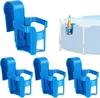 Four blue pool cup holders are shown, with one in the upper right corner attached to the side of a pool and holding a beer bottle. Produktbild-Vorschau