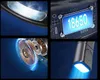 Collage of product features including a close-up of a metallic surface, a digital display showing '18650', a detailed view of a motor with glowing blue energy, and a close-up of the product emitting blue light. Produktbild-Vorschau