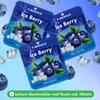 Three pouches of 'Ice Berry' flavored product with blueberries and ice cubes, surrounded by floating blueberries and ice cubes against a light blue gradient background. Produktbild-Vorschau