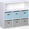 A white shelving unit with six storage boxes, three blue and three gray. Produktbild-Vorschau