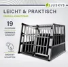 A dog transport box with text and graphics highlighting its features. Produktbild-Vorschau