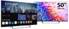 Two televisions are displayed side-by-side against a white background. The television on the left shows a city skyline and a smart TV interface with app icons. The television on the right displays a colorful, abstract image and text indicating its size. Produktbild-Vorschau