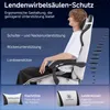 A person sitting in a gaming chair, with text overlays describing the chair's ergonomic features and support. Náhled obrázku produktu