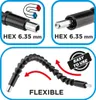 A collage of images showing a flexible bit extension for a drill, with close-ups of its magnetic tip and hexagonal connector, and a demonstration of its flexibility. Produktbild-Vorschau