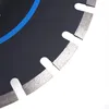 A close-up view of a segment of a circular saw blade, showing its cutting edge with diamond segments and a portion of the black blade body with a blue graphic. Náhled obrázku produktu