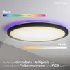 A modern LED ceiling light with a black frame is shown, with graphics indicating its color and brightness adjustment features. Produktbild-Vorschau