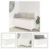 A white wooden storage bench with cushions, shown in a room setting and in close-up views. Náhľad obrázku produktu
