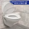 A toilet seat with the lid and seat shown in various stages of closing, against a tiled wall background. Produktbild-Vorschau