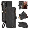 Collage of images showing a black leather wallet-style phone case for a Samsung Galaxy A26 5G, with various angles and details. Produktbild-Vorschau