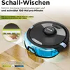 A robotic vacuum cleaner is shown on a wooden floor, with a close-up inset showing its cleaning mechanism. Produktbild-Vorschau