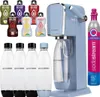 A collage of a SodaStream machine, various flavor bottles, and reusable bottles. Produktbild-Vorschau