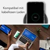 A split image showing a phone charging wirelessly on a charger in the top half, and a desk scene with a laptop, tablet, and phones in the bottom half. Anteprima dell’immagine prodotto