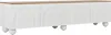 A white TV stand with a wooden top and spherical legs, shown against a white background. Voir les images du produit