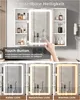 A bathroom cabinet with a lighted mirror, showing different light settings and a touch button feature. Voir les images du produit