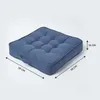 A blue square cushion is shown on a white background with dimensions indicated. Náhled obrázku produktu