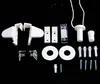 A collection of white window blind accessories laid out on a black background. Produktbild-Vorschau