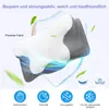 A pillow with layers and airflow graphics, along with feature icons at the bottom. Produktbild-Vorschau