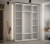 A white wardrobe with multiple shelves and compartments is shown in a room with vertical paneling on the walls and ceiling lights. Produktbild-Vorschau