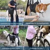 A collage of four images showing a dog support harness being used in different scenarios: being carried, being groomed, walking, and getting into a car. Produktbild-Vorschau