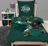 A bedroom scene featuring a bed with Zelda-themed bedding, a nightstand with a lamp and clock, and shelves with decorative items. Produktbild-Vorschau