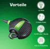 A pond pump with feature callouts on a green background. Produktbild-Vorschau