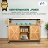 A wooden serving cart with a stainless steel top, displayed indoors with decorative items. Produktbild-Vorschau