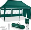A green pop-up gazebo with three side walls, each featuring arched windows. Accessories like stakes, rope, and a carrying bag are displayed in the foreground. Anteprima dell’immagine prodotto