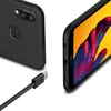 A black silicone phone case and a USB-C charging cable are shown against a white background, with a close-up of a phone screen displaying a colorful image on the right. Produktbild-Vorschau