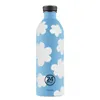A blue water bottle with white cloud patterns and a black cap, set against a white background. Produktbild-Vorschau