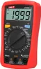 A red digital multimeter with a black dial and a green LCD screen displaying numbers. Produktbild-Vorschau