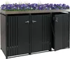A black metal trash can enclosure with a planter box on top filled with purple flowers and green grass. Náhľad obrázku produktu