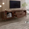 A modern living room with a TV stand and a television mounted on a wood-paneled wall. Voir les images du produit