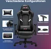 A black gaming chair with various features highlighted by text and inset images. Náhled obrázku produktu