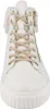 A close-up, front-facing view of a white high-top sneaker with beige laces and a white platform sole. Produktbild-Vorschau
