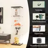 A tall, narrow glass display cabinet with several shelves, showcasing various decorative items. The right side of the image features close-up shots of product features with German labels. Produktbild-Vorschau