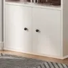 A close-up view of the lower section of a white cabinet with two doors and black knobs. Produktbild-Vorschau