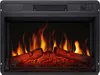 A close-up front view of an electric fireplace insert with glowing logs and flames.