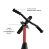 Close-up of a red balance bike's handlebars and steering column, with labels pointing out features. Náhled obrázku produktu