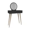 A vanity table with a round mirror and wooden legs, presented on a white background. Produktbild-Vorschau