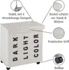 A beige laundry hamper with three compartments labeled 'DARK', 'LIGHT', and 'COLOR'. It has a lid and wheels, and is shown with callouts highlighting its features. Produktbild-Vorschau