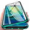 A hand holding a green smartphone case with a transparent front and back, showing a phone screen inside. Produktbild-Vorschau