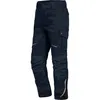 A pair of navy blue children's work pants with black accents and reflective strips. Produktbild-Vorschau