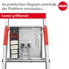Close-up of the underside of a Hailo stepladder, showing a storage compartment with accessories. Anteprima dell’immagine prodotto