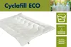 A white comforter is shown with marketing text and icons on the right side, and a green banner with text at the top. In the background, there are plastic bottles. Produktbild-Vorschau