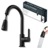 A black kitchen faucet with a pull-out spray head is shown, along with its packaging. Produktbild-Vorschau