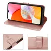 A collage of images showing a rose gold flip case for a Samsung Galaxy A14 phone, with close-ups of the case's closure and embossed floral pattern. Produktbild-Vorschau