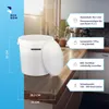 A white bucket with a lid and handle is shown on a kitchen counter, with informational text overlays. Voir les images du produit