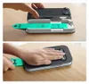 Two images showing the process of applying a screen protector to a smartphone using an applicator tool. Produktbild-Vorschau