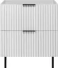 A front view of a white cabinet with vertical grooved panels and black handles, resting on black legs. Anteprima dell’immagine prodotto