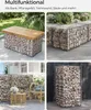 A collage of images showing gabion baskets used in various outdoor settings as a bench, planter, and divider. Produktbild-Vorschau